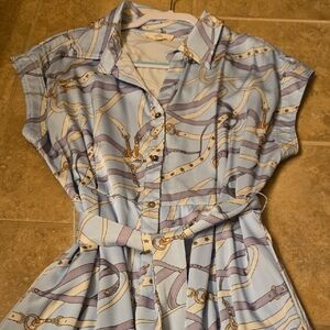 Entro Blue and Cream Belt Pattern Dress
